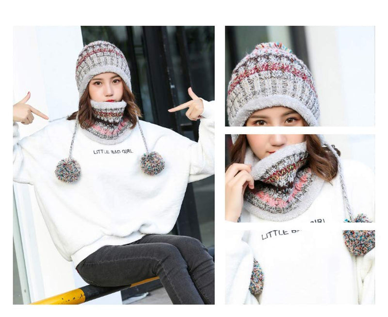 [Australia] - Bobble Hat and Loop Scarf Set for Women Girls Warm Knitted Pom Hat Interior Thick Fluff Winter Warm Ladies Bobble Hat Loop Scarf Set Grey 