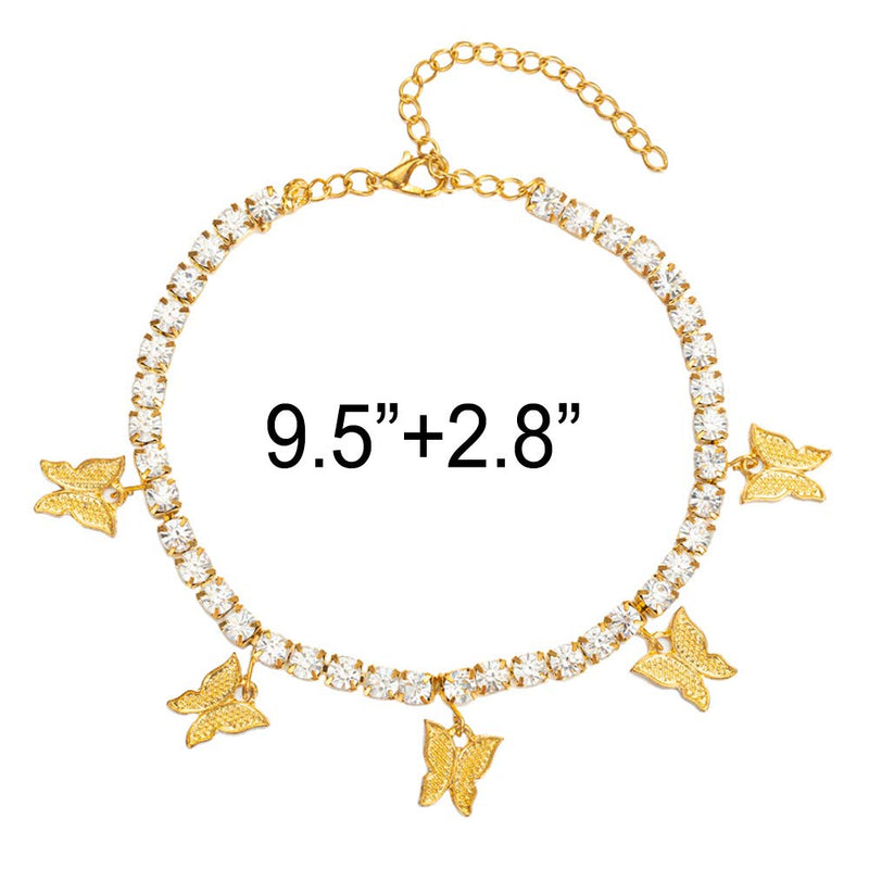 [Australia] - Butterfly Anklet for Women Teen Girls, 18K Gold / White Gold Plated Rhinestone Inlay Chain Tennis Ankle Bracelet with Extension 