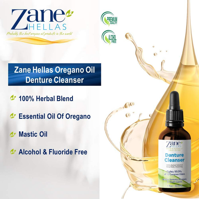 [Australia] - Zane Hellas Denture Cleaner. Oregano Oil Power. Ideal for Dentures, Retainers, Braces, Mouth Guards. Helps Remove Plaque, Tartar, Stains and Bad Odor. 100% Herbal Solution. 1 fl.oz.-30ml. 