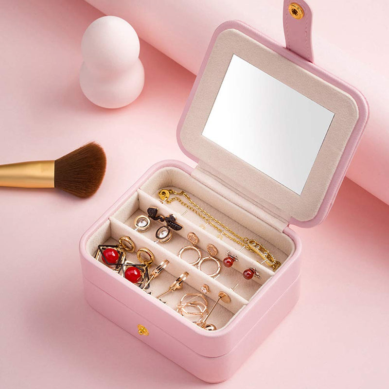 [Australia] - Dectenth Travel Jewelry Organizer Box for Women and Girls, Small Travel Jewelry Case with Mirror, PU Leather Portable Jewelry Storage Box for Ring, Earring, Necklace, Bracelet with Lock(Pink) Pink 