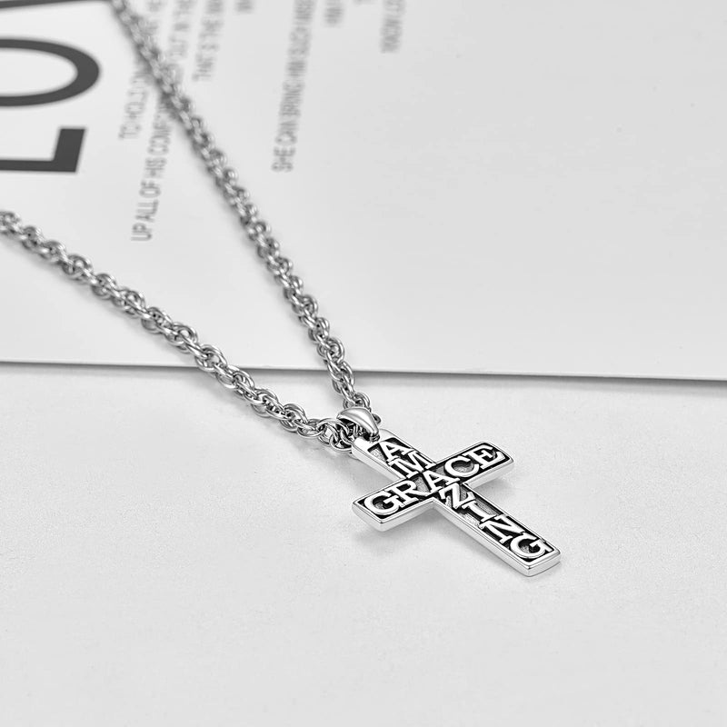 [Australia] - Amazing Grace Necklace 925 Sterling Silver Cross Necklace for Men Women Cross Pendant Religious Jewelry Gift 