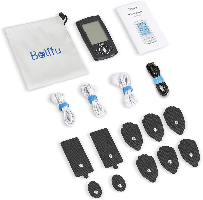 [Australia] - Belifu Dual Channel TENS EMS Unit 24 Modes Muscle Stimulator for Pain Relief Therapy, Electronic Pulse Massager Muscle Massager with 10 Pads, Dust-Proof Drawstring Storage Bag，Fastening Cable Ties… Black 
