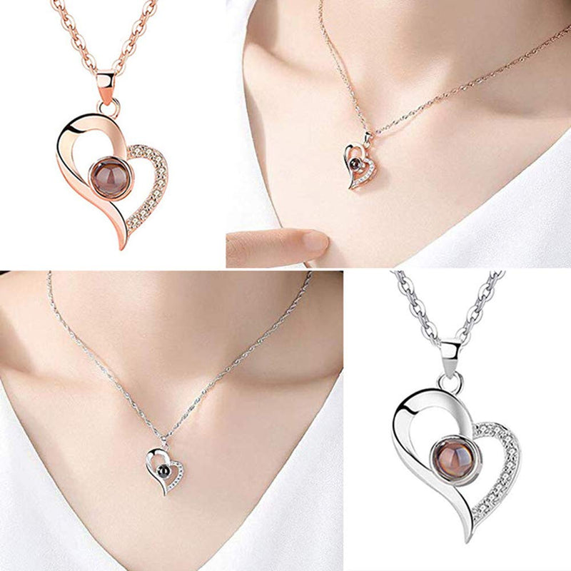 [Australia] - Hitele Heart Pendant 100 Languages Projection Necklace I Love You Necklace 925 Sterling Silver The Memory of stedfast Love Nanotechnology Necklace jewelery for Women&Girl Gift M-Rose -Gold 