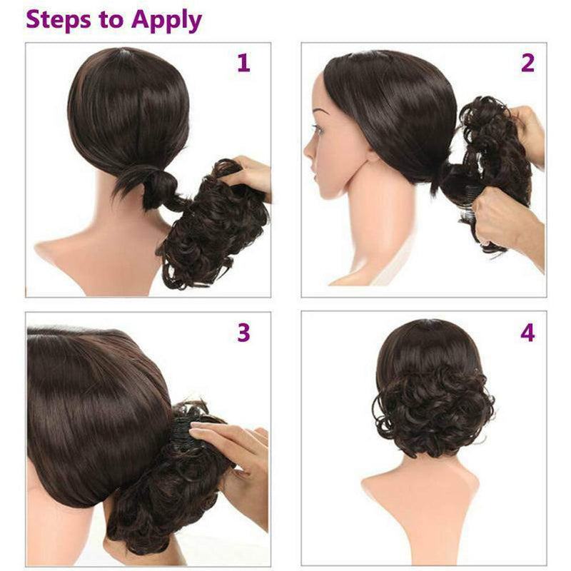 [Australia] - Short Messy Curly Dish Hair Bun Extension Easy Stretch hair Combs Clip in Ponytail Extension Scrunchie Chignon Tray Ponytail Hairpieces Black Black-#1 