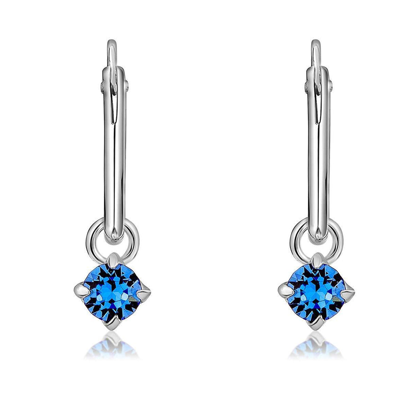 [Australia] - DTPsilver® 925 Sterling Silver SMALL Hoops Earrings & Round Dangling 3 mm Glittering Crystals from Swarovski® Elements - Thickness 1.5 mm - Diameter: 14 mm Blue Sapphire 