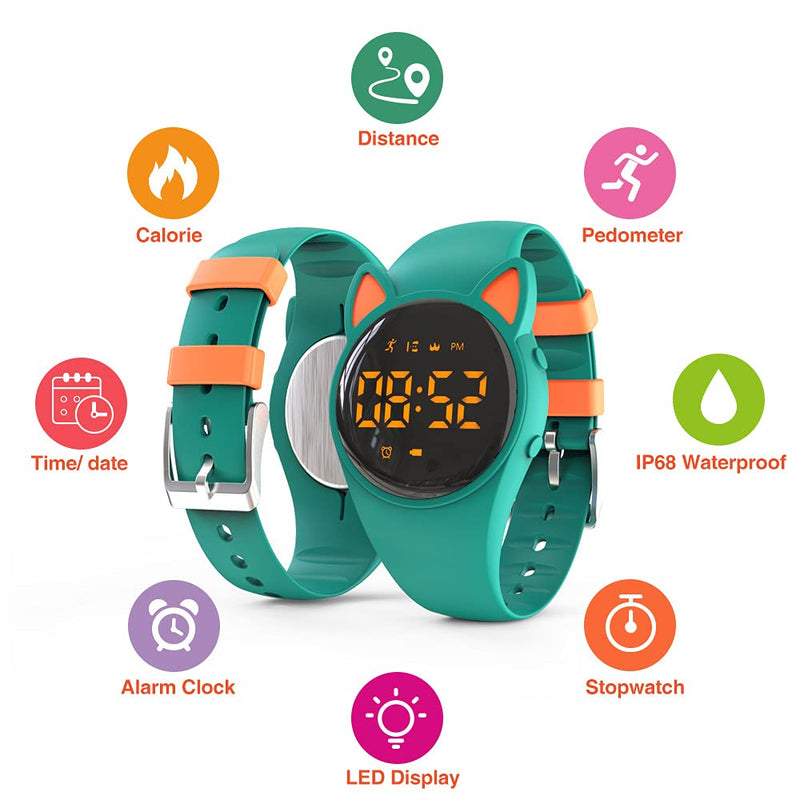 [Australia] - Led Digital Pedometer Watch , Digital Steps Tracker , Non-Bluetooth, Vibrating Alarm Clock, Stopwatch, Great Gift for Children Teens Girls Boys Women Green/orange 