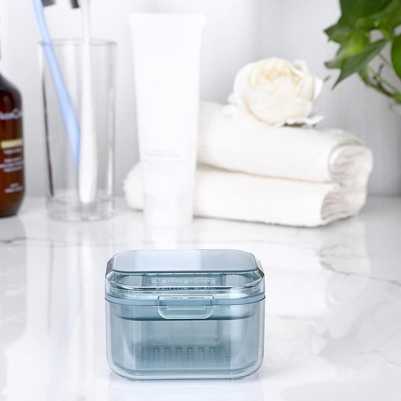 [Australia] - SUMTree Dental Container Case Orthodontic Denture Storage Box Retainer Container Box with Cleaning Basket and Brush Mouth Guard Case with Strainer for Daily Travel Cleaning, Blue 