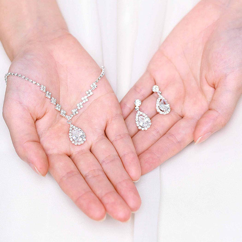 [Australia] - Aukmla Bride Wedding Necklace Earrings Set Silver Rhinestones Necklaces Bridal Crystal Jewelry Accessories for Women and Girls Necklace-023 (Set of 3) (Set 1) (Set 1) Set 1 
