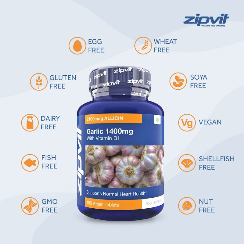 [Australia] - Garlic Tablets 1400mg, 2100mcg Allicin per Tablet with Added Vitamin B1. Supports Heart Health. 180 Vegan Tablets. 6 Months Supply. 