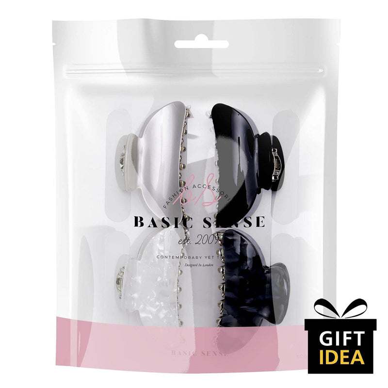 [Australia] - BasicSense 4PCS Hair Claw Set Sturdy Glitter Marble Clamp Clips Set for Women Girls Medium hair grips, Black and White Assortment M (Pack of 4) Black & White 
