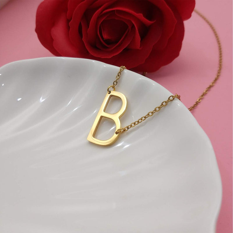 [Australia] - MOMOL Sideways Initial Necklace, 18K Gold Plated Stainless Steel Tiny Initial Necklace Dainty Personalized Letter Necklace Delicate Small Monogram Name Necklace for Women Girls B 