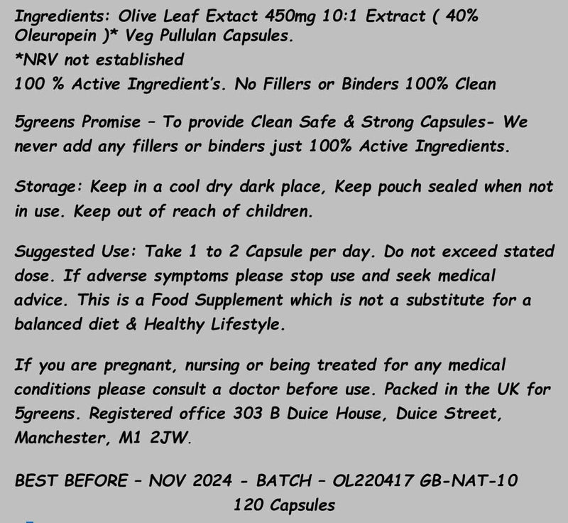 [Australia] - Olive Leaf Extract (Non-GMO) Super Strength: 40% Oleuropein - 450mg 10:1 Strength Equivalent to 4500mg per Capsule - Vegetarian - No Oil -120 Capsules 