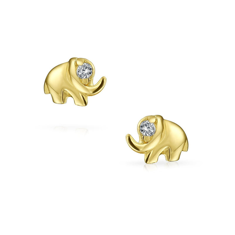 [Australia] - Tiny Minimalist CZ Accent Zoo Animal Lucky Elephant Stud Earrings For Women Teen Real 14K Gold Screwback For Sensitive Ears 