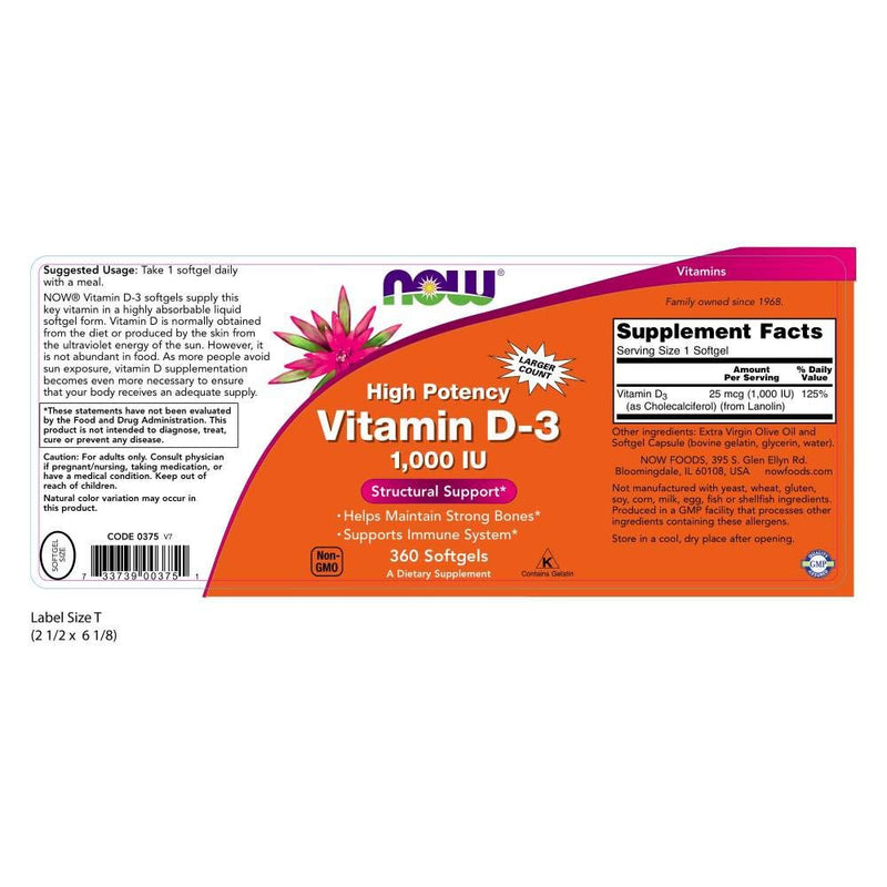 [Australia] - NOW Supplements, Vitamin D-3 1,000 IU, High Potency, Structural Support*, 360 Softgels 360 Count (Pack of 1) 