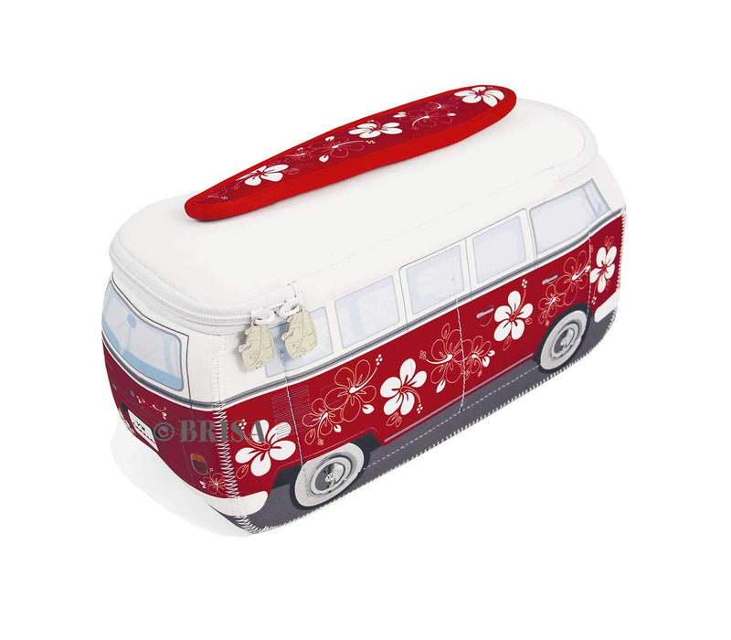 [Australia] - BRISA VW Collection - Volkswagen Samba Bus T1 Camper Van 3D Neoprene Universal Bag - Makeup, Travel, Cosmetic Bag (Neoprene/Hibiscus/Red) 