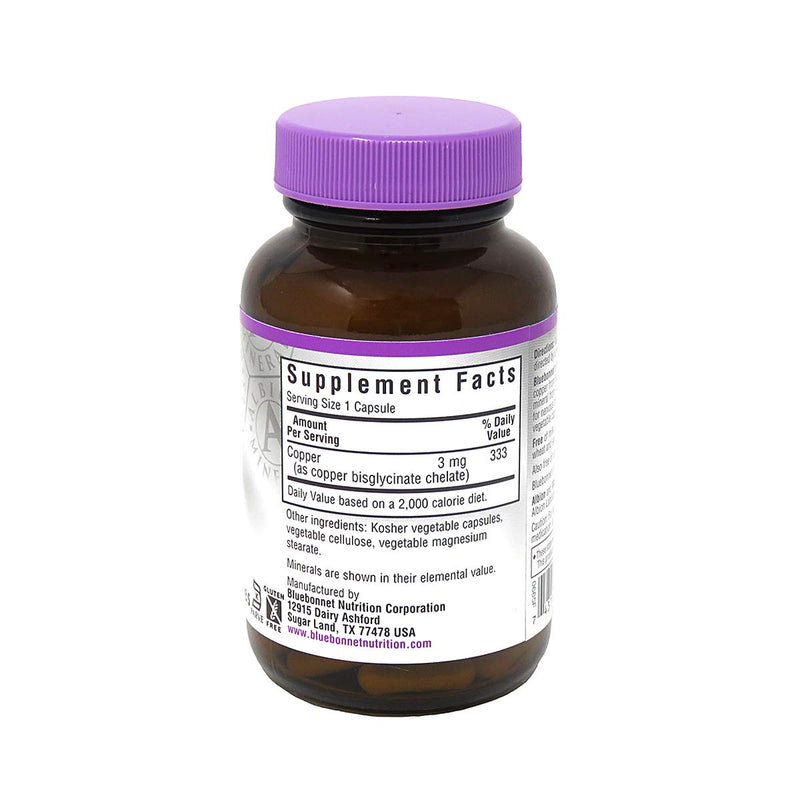 [Australia] - Bluebonnet Nutrition Albion Chelated Copper, 3 mg of Copper, For Nervous System & Immune Health*, Soy-Free, Gluten-Free, Non-GMO, Kosher Certified, Dairy-Free, Vegan, 90 Vegetable Capsule, 90 Servings 
