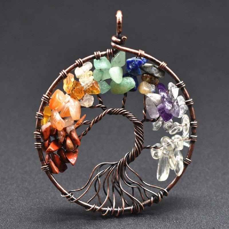 [Australia] - GUAGLL Tree of Life Crystal Pendant Necklace 7 Color Tumble Stone Exquisite Tree of Wisdom Ancient Copper Necklace 