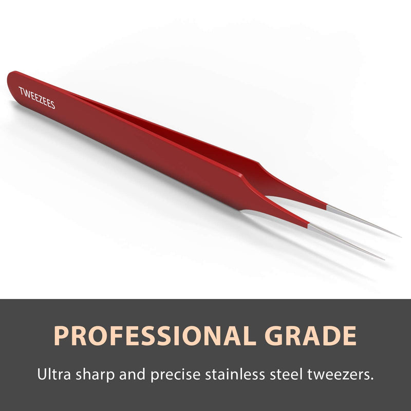 [Australia] - Ingrown Hair Tweezers | Pointed Tip | Red | Precision Stainless Steel | Extra Sharp and Perfectly Aligned for Ingrown Hair Treatment & Splinter Removal For Men and Women | By Tweezees 1 Count (Pack of 1) 