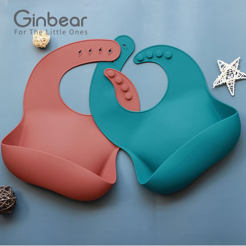[Australia] - Ginbear Silicone Baby Feeding Bibs - Waterproof Baby Bibs with Food Catcher Pocket - Adjustable Silicone Bibs Fit for 6M+ Babies Toddlers Girls Boys (2 Pack) Brick Red+emerald Blue 