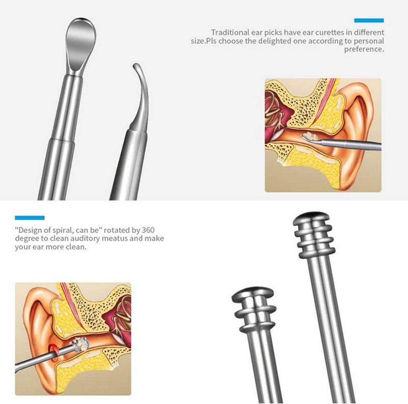 [Australia] - 8 Pcs Ear Pick Earwax Removal Kit, Ear Cleaner Tool Set for Humans Kids Adults, Stainless Steel Ear Curette Digger & Tweezers & Spiral Spring Ear Spoon Set with Cleaning Brush and Storage Box 