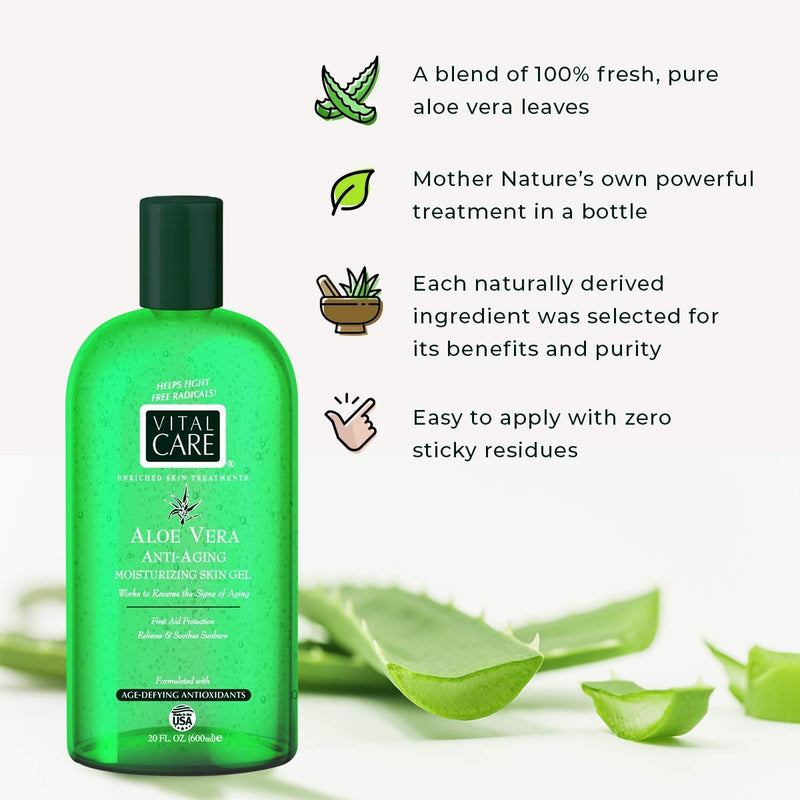 [Australia] - Vital Care Aloe Vera Gel - 20Oz / 600ml - Raw Natural Anti-Aging Moisturizer Soothes Sunburn, Irritated and Dry Skin - Organic Skin Care for After Sun Burn And Acne on Body, Hand, Face & Hair 