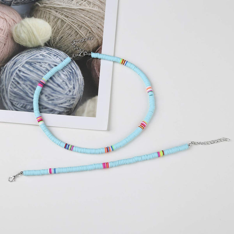 [Australia] - Choker Necklace and Anklet Set for Women Colorful Boho Choker Necklace Summer Beach Choker Surfer Necklace African Heishi Bead Necklace 2 Pcs green 