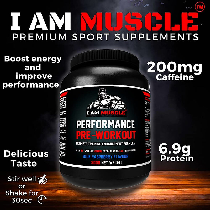 [Australia] - Performance Pre Workout, Ultimate Training Enhancement Formula with 200mg Caffeine, 6.9g Protein, Beta-Alanine and Amino Acids, Blue Raspberry, 500g 