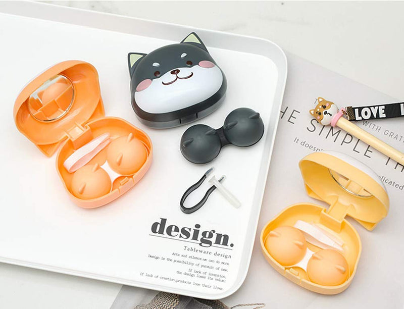 [Australia] - 2 Pack Cute Contact Lens Cases, Shiba Inu Contact Lens Soak Storage Box, Portable Cartoon Contact Lens Holder with Mirror Tweezers for Travel Kit (Yellow) Yellow 