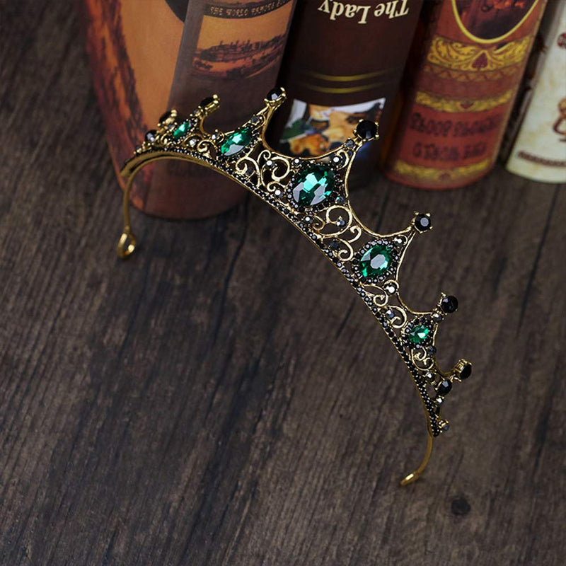 [Australia] - Lurrose Green Crystal Crown Golden Tiara with Black Rhinestone Decor Bridal Head Jewelry 
