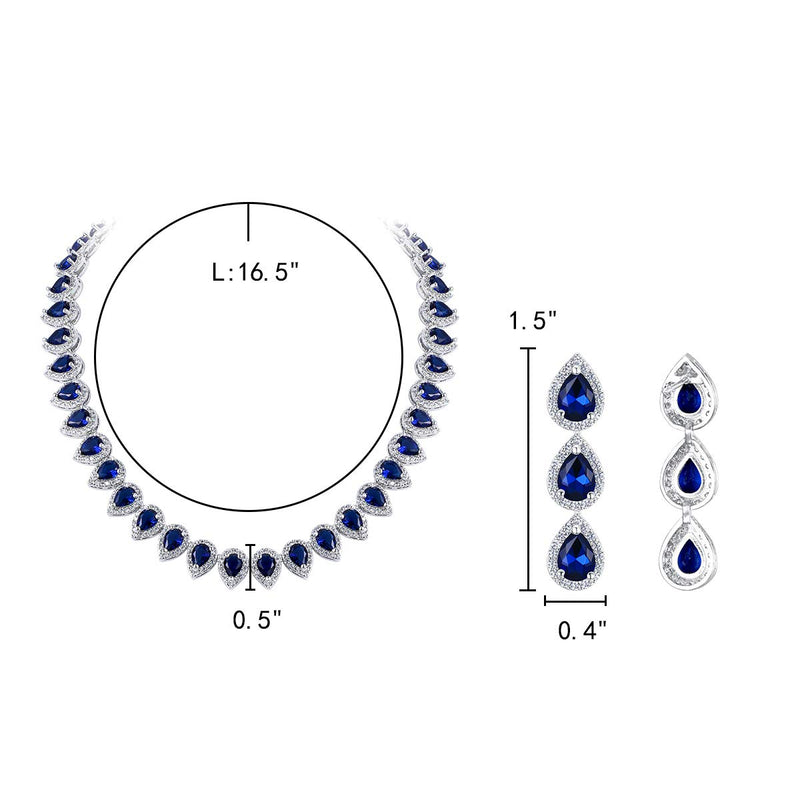 [Australia] - EleQueen Women's Silver-Tone Full Prong Cubic Zirconia Teardrop Bridal Necklace Earrings Set Sapphire Color 
