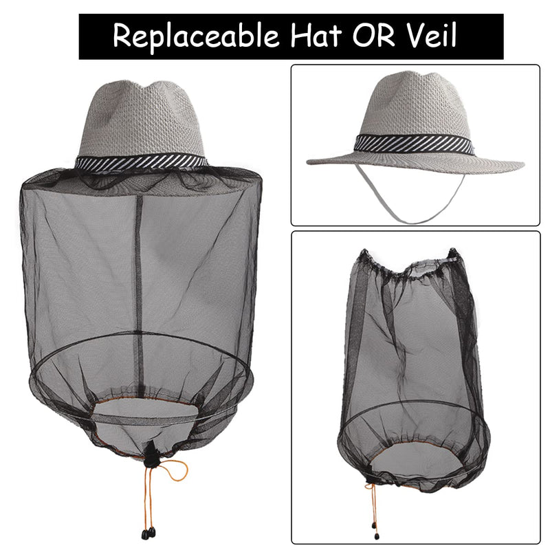 [Australia] - ZffXH Mosquito Insect Gnats Bee Head Net Hat Sun Straw Netting Mesh Veil Cap for Gardener Yard Work Beekeeper Fishing Safari Outdoor Lover Hat Grey 