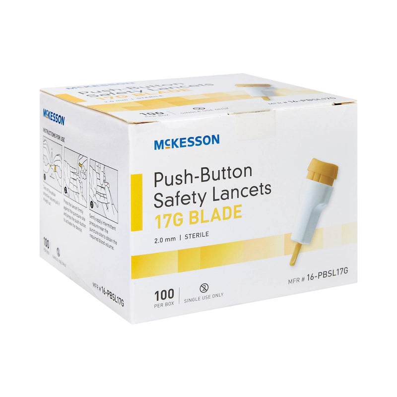 [Australia] - McKesson Safety Lancets, Sterile, Push-Button, 17 Gauge Blade, 2 mm, 100 Count, 1 Pack 100 Count (Pack of 1) 