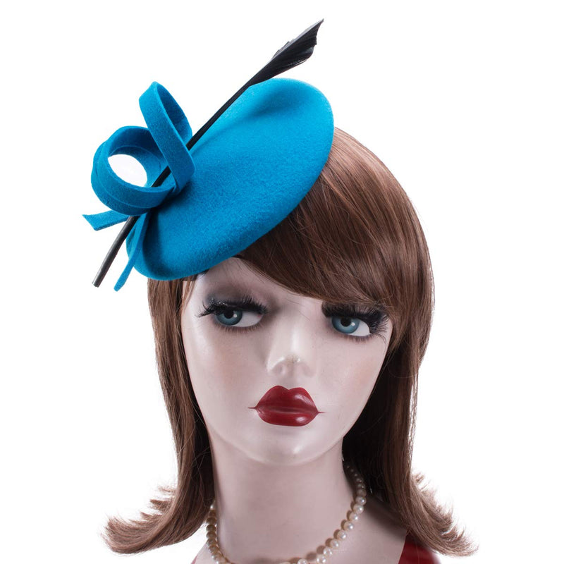 [Australia] - Ladies Curly Feather Felt Wool Fascinator Pillbox Tilt Cocktail Formal Hat A145 Blue 