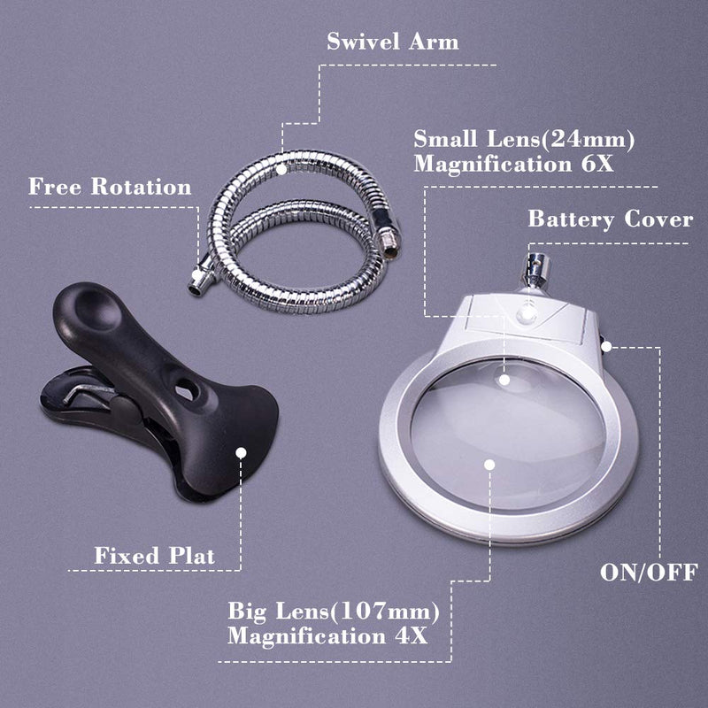 [Australia] - 5D Diamond Painting Tools Magnifier LED Light with Clamp, Folding Design with 1 Glass Lens 4X & 6X Magnifier 