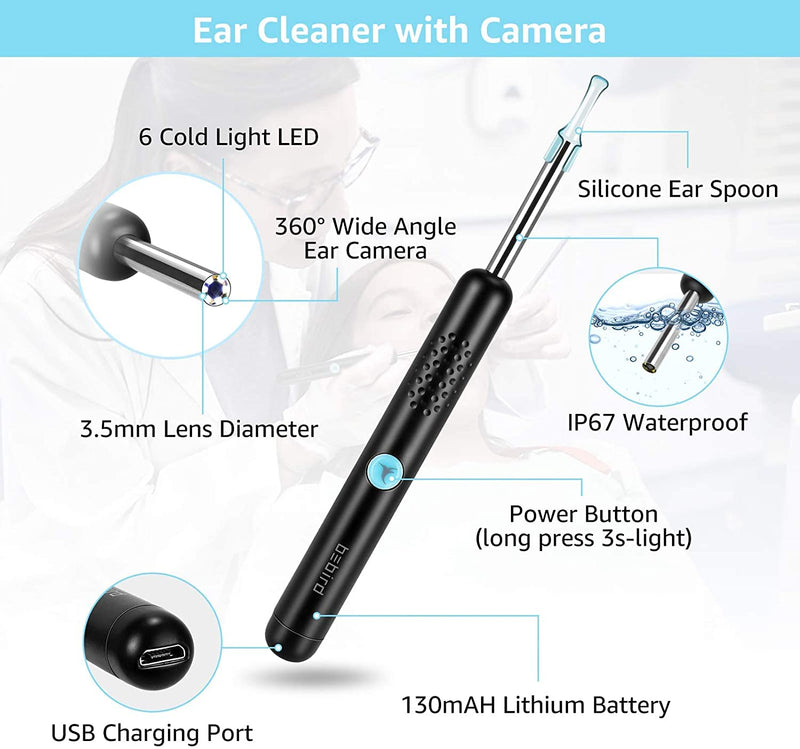 [Australia] - Ear Wax Removal with Camera, Wireless Ear Cleaner Tool Kit, 1080P FHD Ear Endoscope Otoscope with 6 LED Light, Spade Earwax Removal Ear Cleaning Kit for iPhone, iPad & Android Dark Black 