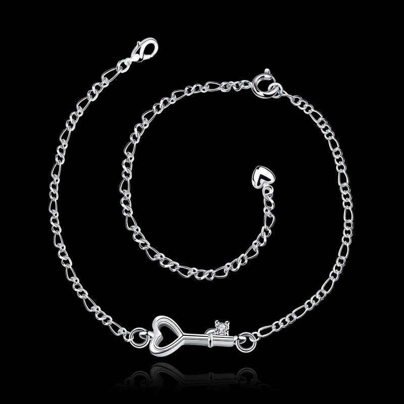 [Australia] - DUANMEINA 925 Sterling Silver Adjustable Key Cubic Zirconia Love Pendant Anklet Jewelry 