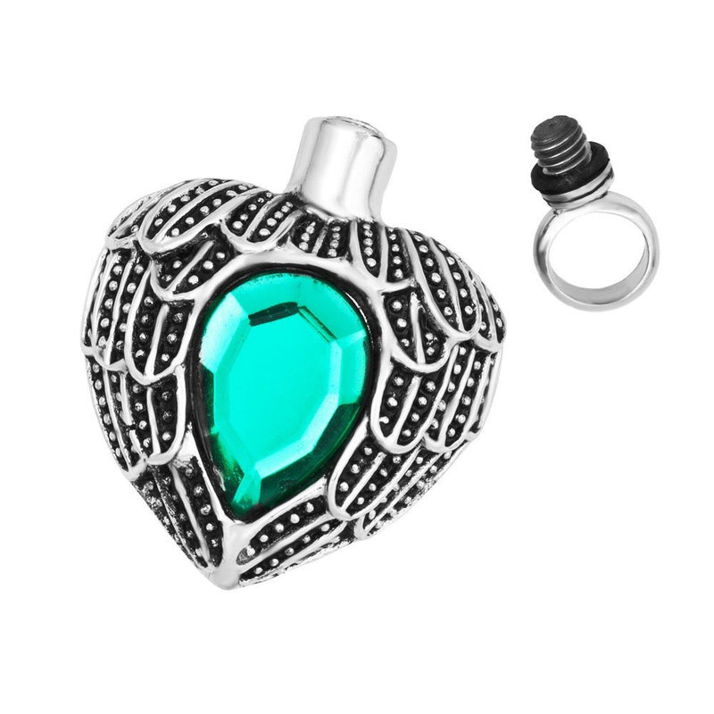 [Australia] - CLY Jewelry Urn Necklace for Ashes Love Heart with Angel Wings Colorful Crystal Birthstone Memorial Necklace You are in My Heart Cremation Jewelry Eternity Keepsake Wing And Green 