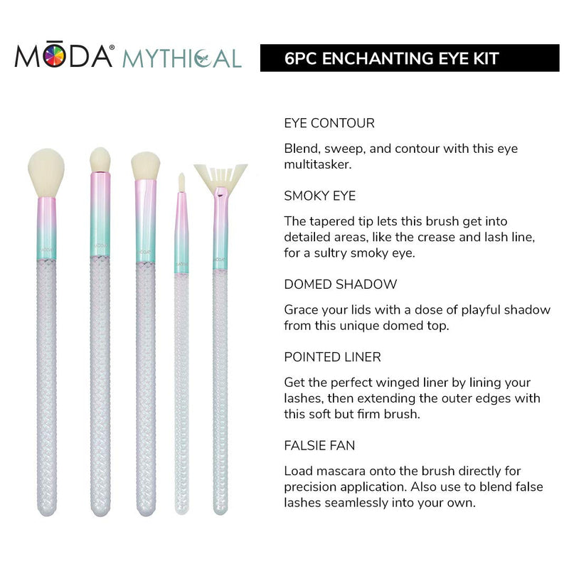 [Australia] - MODA Full Size Mythical Enchanting Eye 6pc Makeup Brush Set with Pouch, Includes - Eye Contour, Domed Shadow, Smoky Eye, Pointed Liner, and Falsie Fan Brushes, White 
