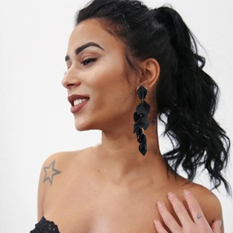 [Australia] - Summer Boho Long Acrylic Rose Petal Earrings Dangle Exaggerated Flower Earrings Drop Floral Tassel Earrings for Women and Girls Great for Party Long Acrylic Rose Petal Earrings-Black 