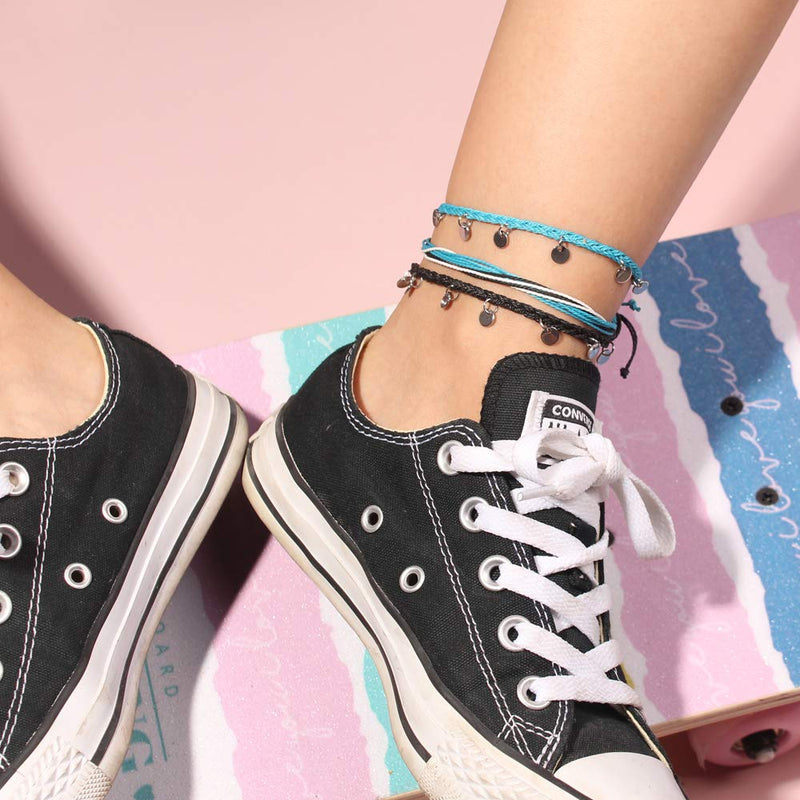 [Australia] - FANCY SHINY String Ankle Bracelets Waterproof Rope Anklets Braided Beach Boho Coin Anklets Cute Friendship Foot Jewelry for Women Teen Girls Black Blue Disc 