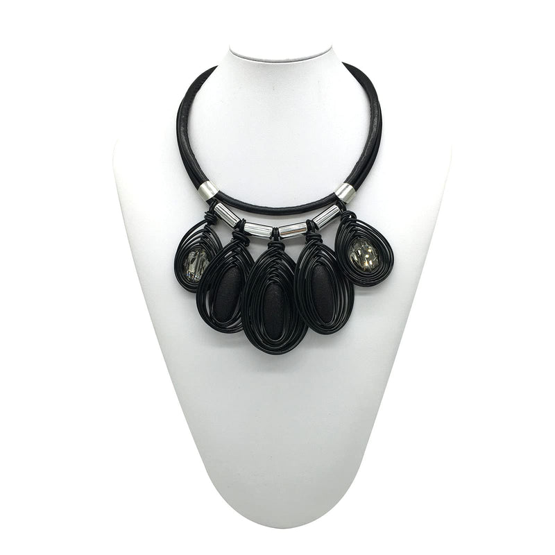 [Australia] - Chunky African Jewelry Statement Necklace For Women Tribal Fashion Costume Earring Set Unique Rhinestone Crystal Gold Wire Wrapped Big Wood Pendent Collar Choker Bib Handmade black 