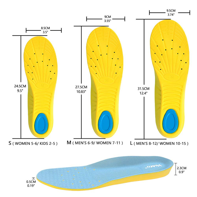 [Australia] - VoMii PU Memory Foam Insoles Plantar Fasciitis Arch Support Insoles for Women Men and Kids, Comfortable Breathable Sports Shoe Inserts, Shock Absorption and Relieve Foot Pain, S(Women 5-6/ Kids 2-5) Blue S(Women 5-6/Kids 2-5) 