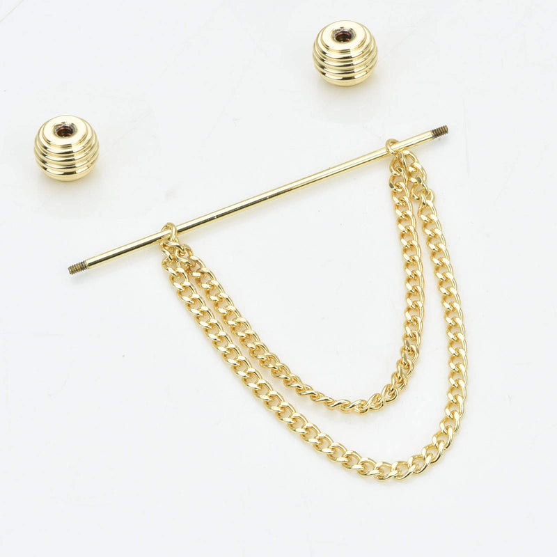 [Australia] - UUDUO 18K Gold Brass Barbell Ball Head Collar Bar with Hanging Chain Tassel Silver Black Shirt Tie Bar Collar Brooch for Men Gold Screw Ball 