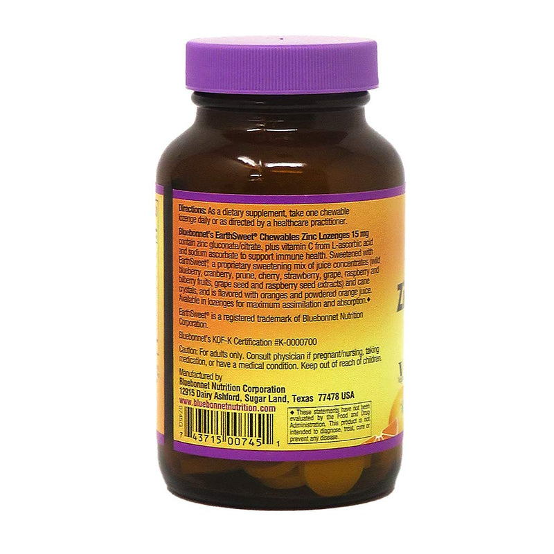 [Australia] - Bluebonnet Nutrition Earthsweet Zinc Lozenges 15mg Chewables, Plus 100mg of Vitamin C, Soy-Free, Gluten-Free, Kosher Certified, Dairy-Free, Vegan, Orange Flavored, 60 Lozenges 