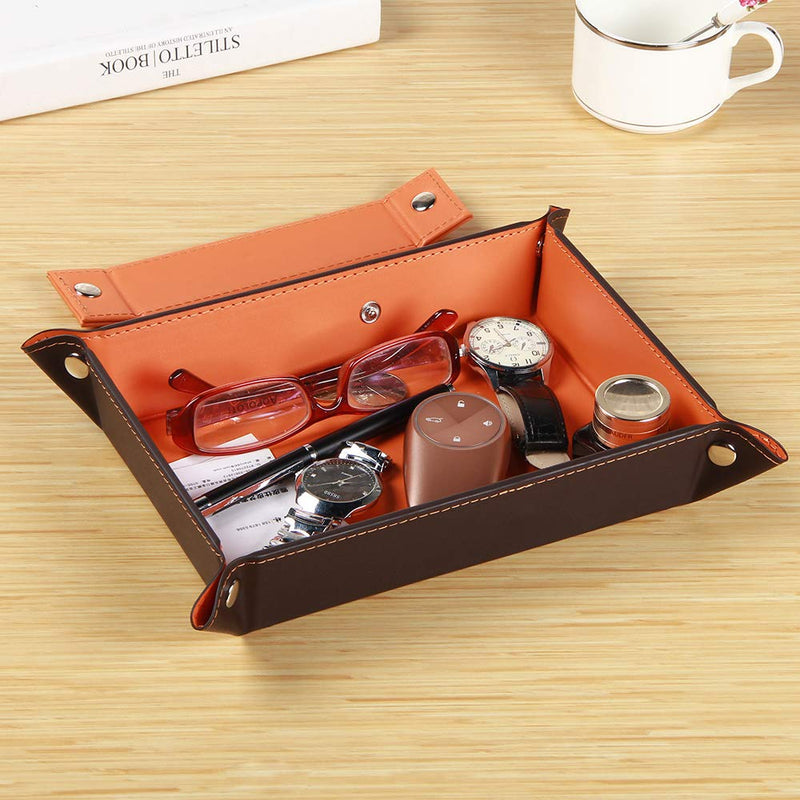 [Australia] - YAPISHI Valet Tray for Men Leather Big Entryway Key Dish Bedside Catchall Bowl 2 Dividers Travel Nightstand Organizer Caddy for Wallet Coins Dice Watch Candy, Sundries Holder for Beside Table (Orange) Orange 
