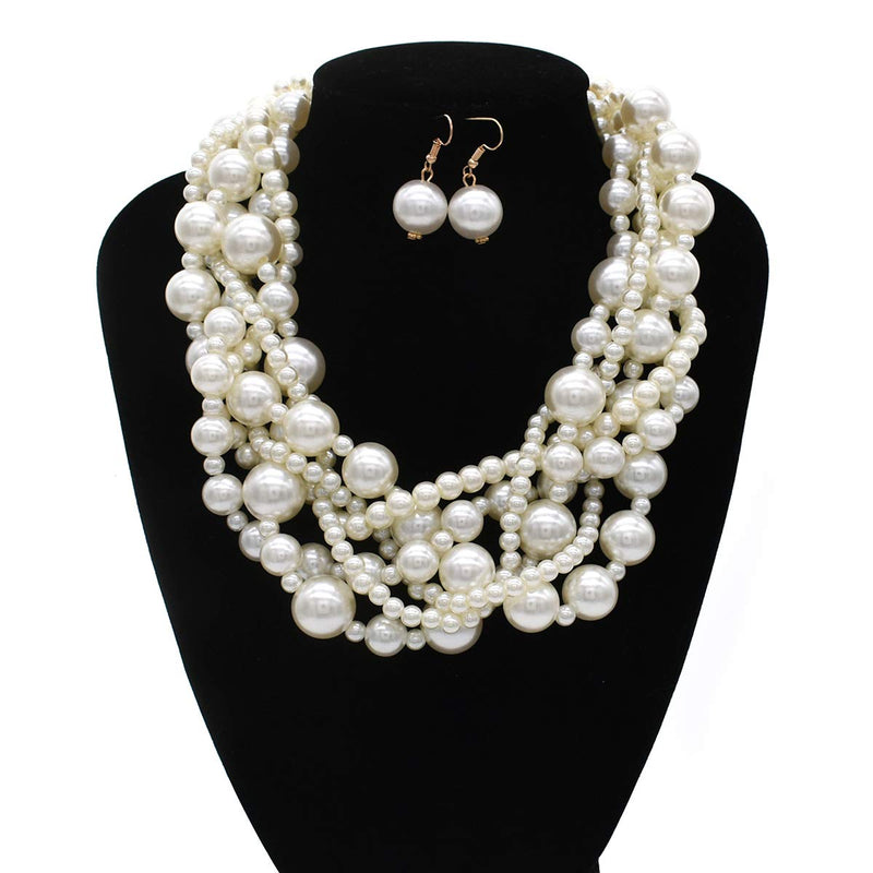 [Australia] - JNF Large Pearl Necklace Set Multi Layer Pearl Strand Costume Jewelry Sets Pearl Statement Necklace Bracelet and Earrings for Women White 