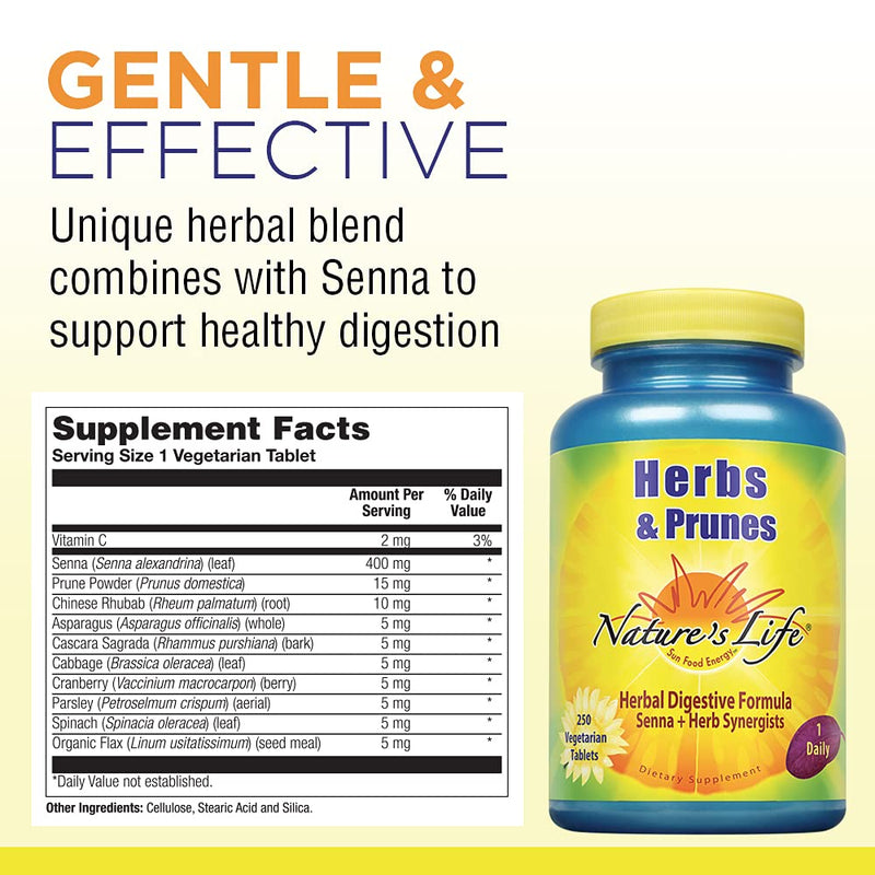 [Australia] - Natures Life Herbs & Prunes | 400mg Senna & Herbal Blend for Healthy Digestion Support | Non-GMO | 250 Tabs, 250 Serv. 250 Count (Pack of 1) 