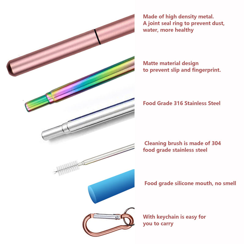 [Australia] - Metal Straw Drinking, 3 Pcs Collapsible Reusable Ttravel Straws with Metal Case Keychain Cleaning Brushes for Home Office School 