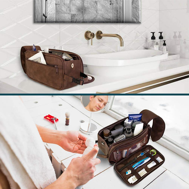 [Australia] - PAVILIA Toiletry Bag for Men, Travel Toiletries Bag|Water-resistant Dopp Kit, Leather Shaving Organizer for Cosmetic, Hygiene One Size Brown 
