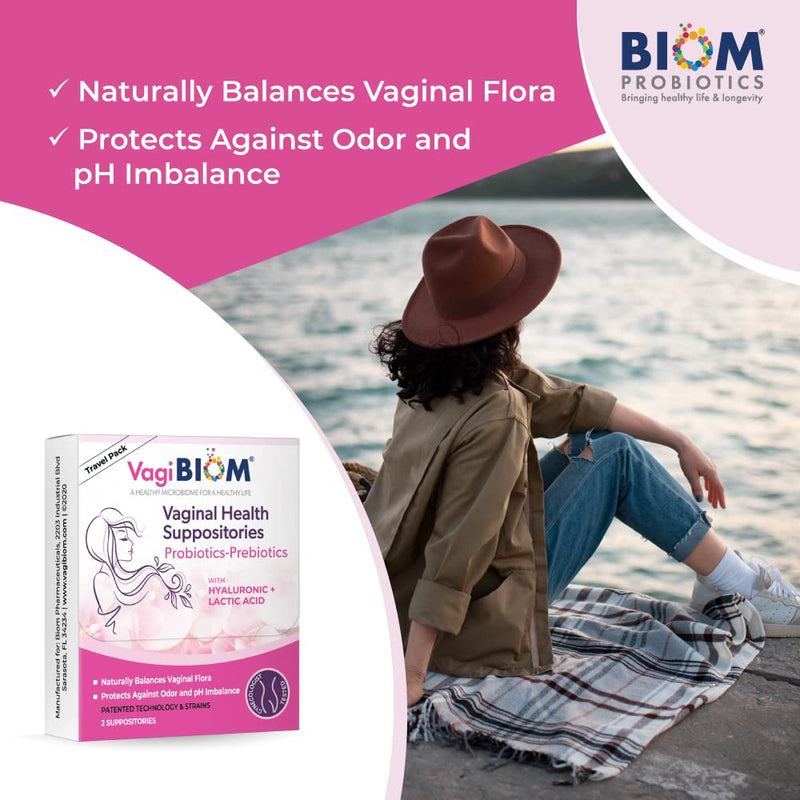 [Australia] - VagiBiom Probioitc Suppository CONVENIENT TRAVEL PACK WITH 2 SUPPOSITORIES AND 2 FEMININE WIPES: Microbiome Flora balance. Odor Control Regimen; Balance and Nourishes Healthy Flora; Paraben-Free Preservative-Free 